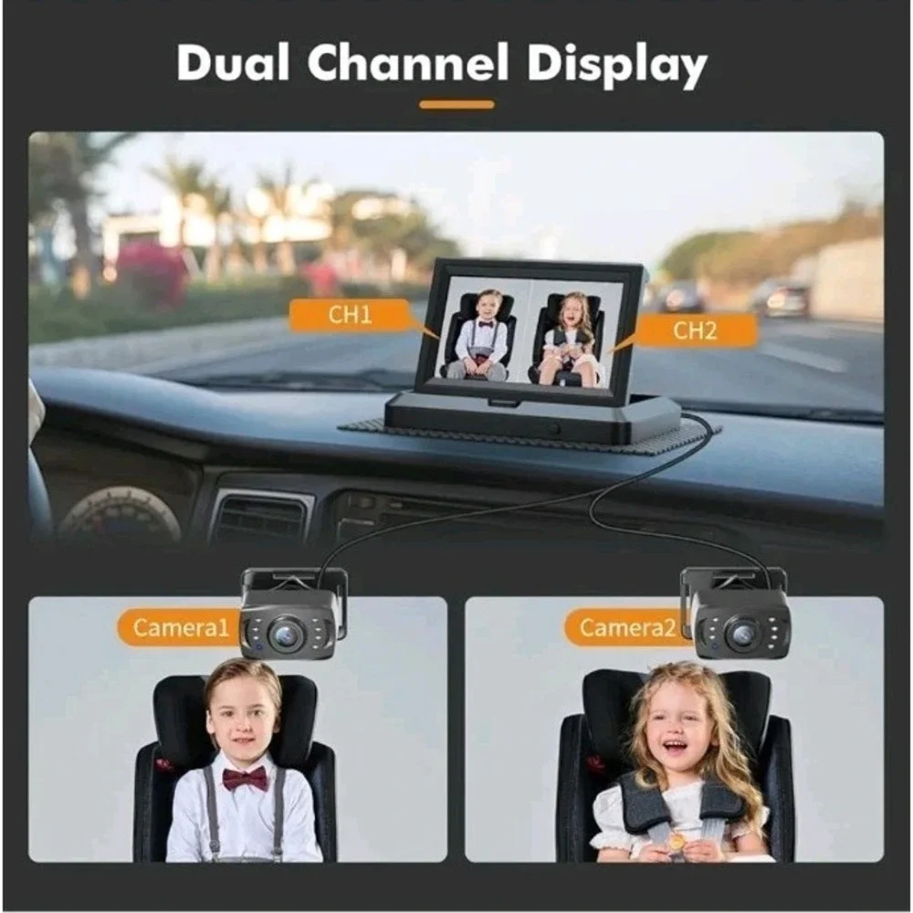 Baby Car Camera 1080P Dual-Channel Display with 2 Camera for 2 Kids Night Vision